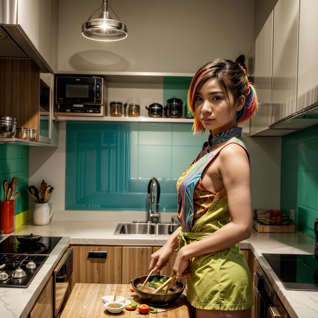 [[((a vibrant, colorful Asian dish prepared in a stylish, modern kitchen:1.6)), placed in the center of the shot, with an attractive young Asian woman cooking in the background. She is dressed in fashionable, practical cooking attire that complements her vibrant surroundings:1.4)). The background features a sleek, upscale kitchen environment. The scene is captured with a ((full-frame DSLR:1.4)) using a ((50mm prime lens:1.4)) to keep the dish in sharp focus and the woman slightly in the background, both fitting well within the circular frame. Professional lighting enhances the dish's vibrant colors and presentation, adding a ((soft bokeh effect:1.3)) to the background. The image should be in ((8K resolution:1.5)) with ((hyper-realistic detail:1.6)). The focus is entirely on the colorful Asian dish, centrally placed, with the young woman’s stylish and confident presence in the background, highlighting the delicious and vibrant meal being prepared in a modern kitchen setting.]]