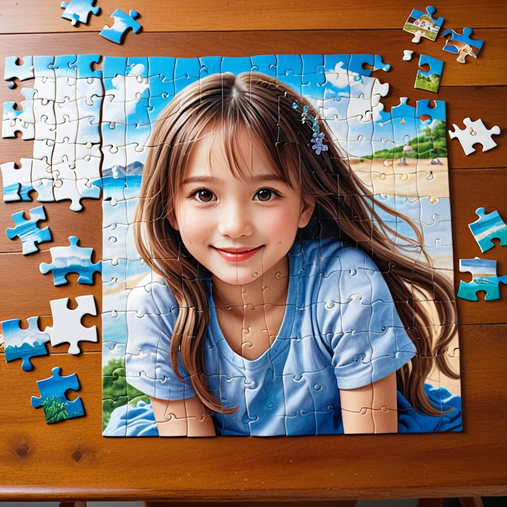 a ultra realistic beautiful photograph, A 500-piece jigsaw puzzle spread out on a table. As each piece is put together, the image of a girl gradually emerges. Her smile, eyes, hair color, and clothing design… everything is depicted in detail. With each completed puzzle, the story of the girl becomes a little clearer.