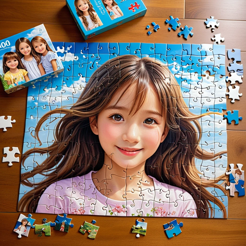 a ultra realistic beautiful photograph, A 500-piece jigsaw puzzle spread out on a table. As each piece is put together, the image of a girl gradually emerges. Her smile, eyes, hair color, and clothing design… everything is depicted in detail. With each completed puzzle, the story of the girl becomes a little clearer.