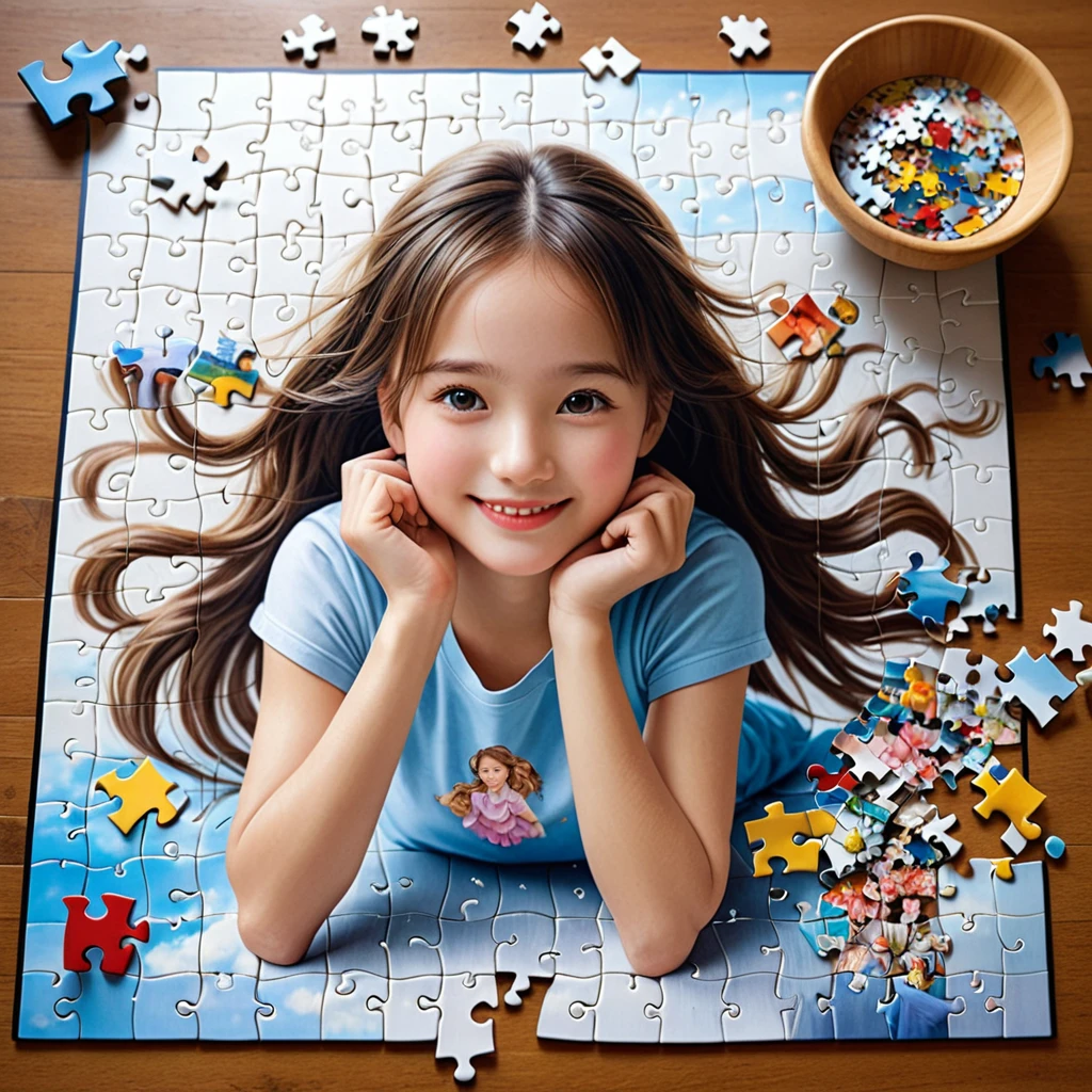 a ultra realistic beautiful photograph, A 500-piece jigsaw puzzle spread out on a table. As each piece is put together, the image of a girl gradually emerges. Her smile, eyes, hair color, and clothing design… everything is depicted in detail. With each completed puzzle, the story of the girl becomes a little clearer.