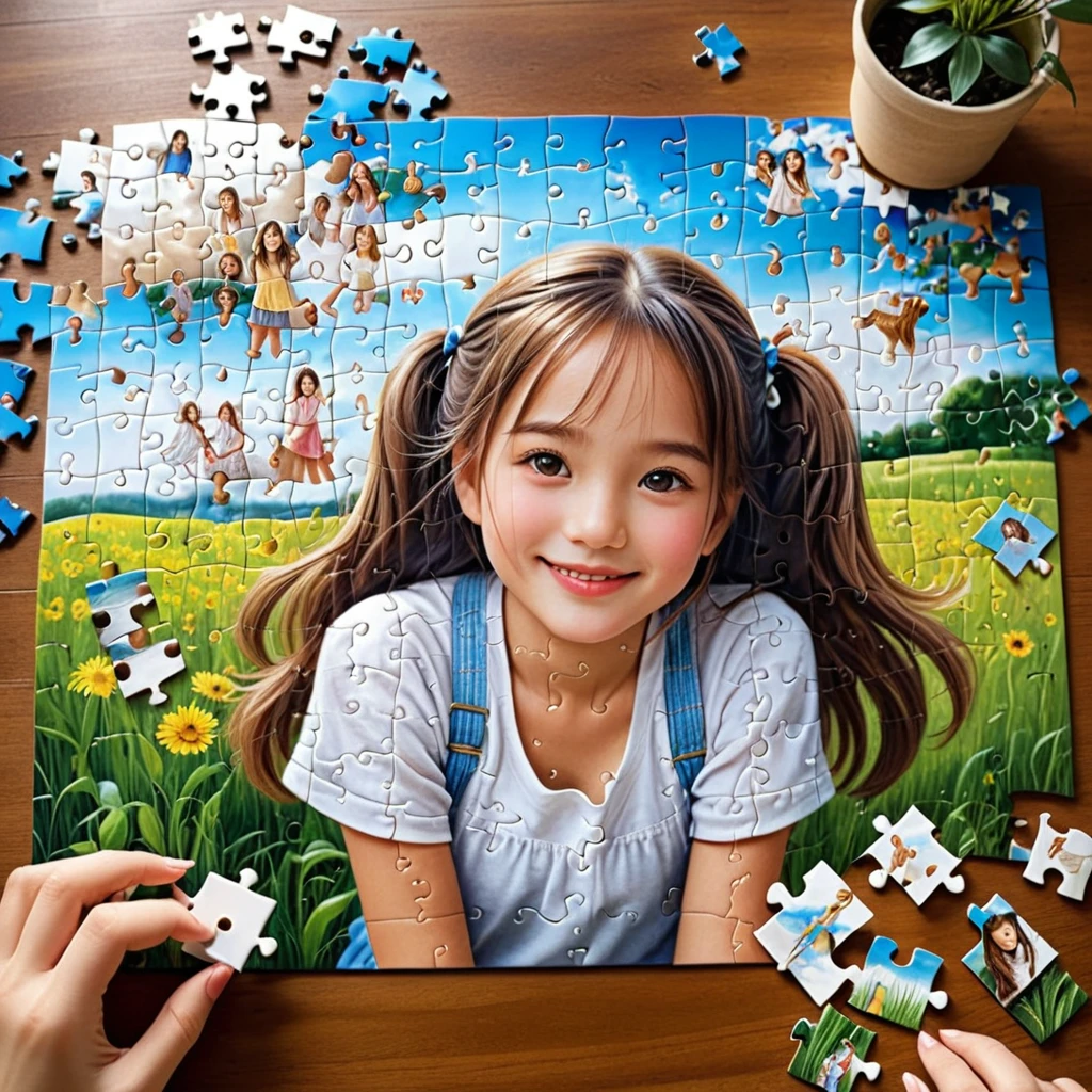 a ultra realistic beautiful photograph, A 500-piece jigsaw puzzle spread out on a table. As each piece is put together, the image of a girl gradually emerges. Her smile, eyes, hair color, and clothing design… everything is depicted in detail. With each completed puzzle, the story of the girl becomes a little clearer.