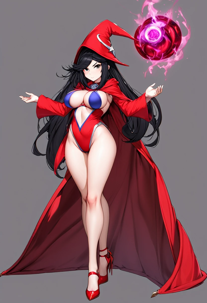 1girl, full body, long black hair, full body, skimpy red mage clothes, big d-cup breasts, round hips, white skin, blank gray background, mage attack pose