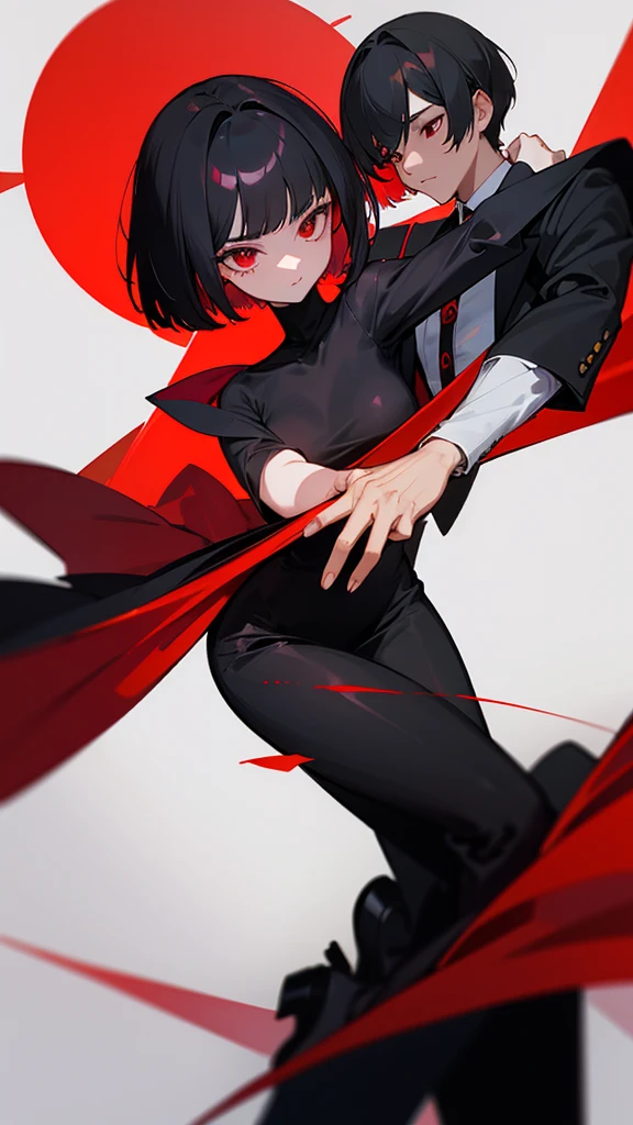 Medium Bob cut hairstyle, dark red hair, red eyes, Wearing a women loli's dress, 16 years. , zoom out. are dancing with. with man 24 years elegant black suit, black hair, red eye.