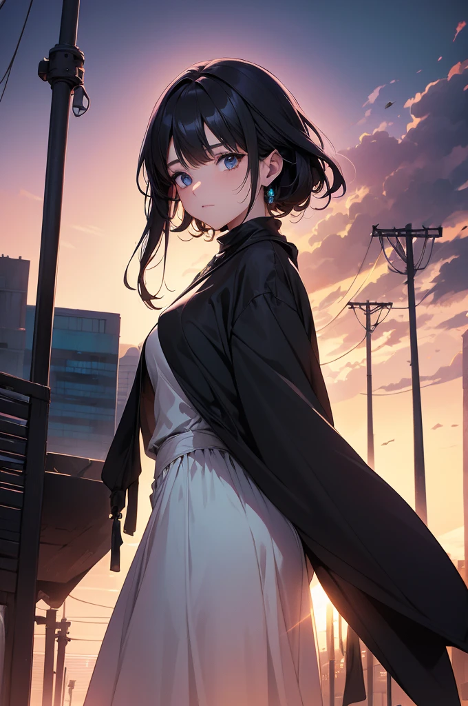 atmosfera dark black  the noite chuvoso sombria in anime 4D tinta óleo A post-apocalyptic Fallout-themed magazine cover illustration power fenix girl very sexy logan + Elza frozen ice power immersed in the resplendence of the setting sun, in surreal Ghibli-style watercolor, she finds her gaze projected towards a color-saturated cityscape on the horizon, aesthetic elements borrowed from the likes of  urban flora emerging sparsely suggesting an atmosphere of desolation yet intriguing, motion stilled