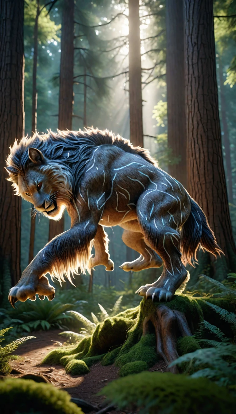 Front view，There is a wild man in the forest，The whole body is covered with mane（best quality，4K，8K，High level，masterpiece：1.2），Ultra Detailed，（lifelike，Photo real，Photo real：1.37），Highly detailed animals，Complex patterns，Realistic lighting，Fantasy Creatures
