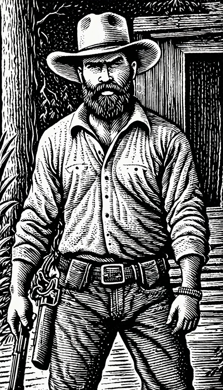 (Black and white woodcut:1.5)、(Second floor in black and white.)、foreground, dark and sinister atmosphere、face of a bearded man, with a texan hat, with an open shirt, wearing a necklace with fangs, with a shotgun in hand and black jeans, angry look, hidden hunter, muscular, in an african jungle, Mysterious、