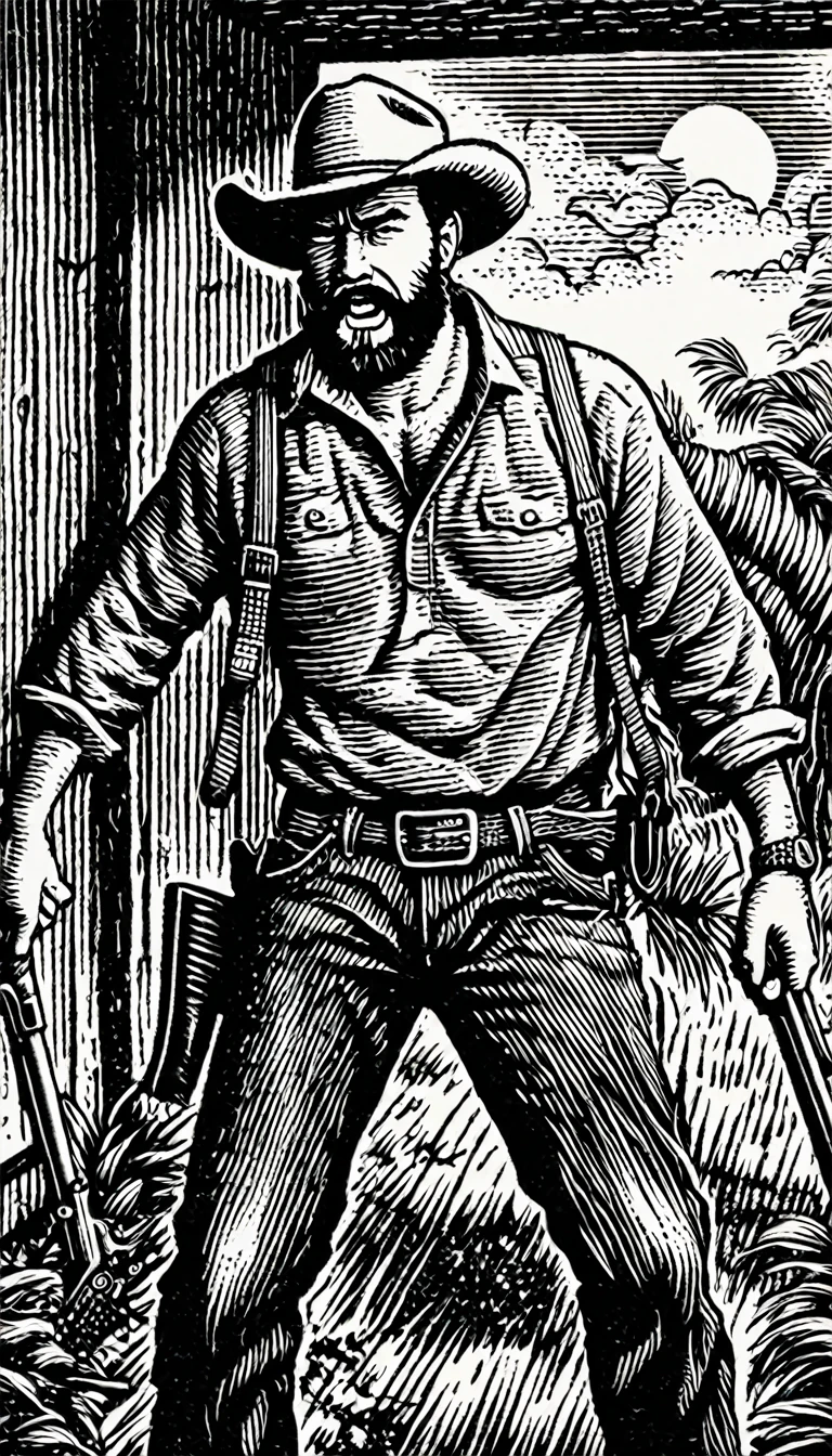 (Black and white woodcut:1.5)、(Second floor in black and white.)、foreground, dark and sinister atmosphere、face of a bearded man, with a texan hat, with an open shirt, wearing a necklace with fangs, with a shotgun in hand and black jeans, angry look, hidden hunter, muscular, in an african jungle,  Mysterious、