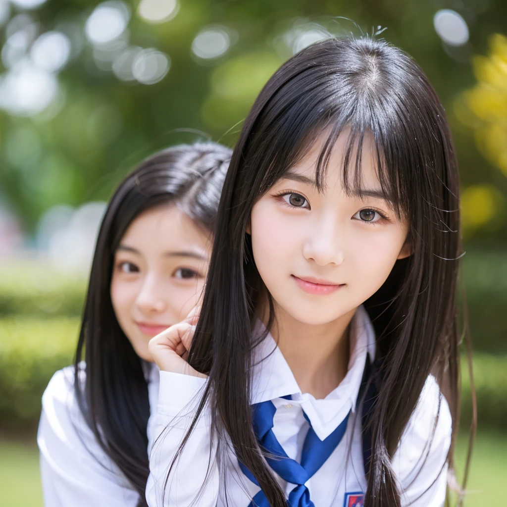 A high school girl with long black hair, a straight nose, beautiful eyes, and a bright personality.