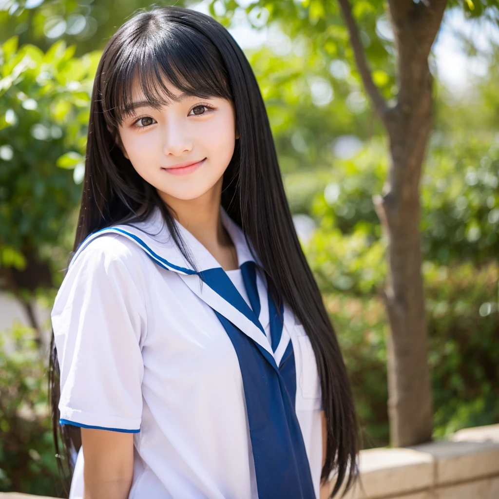 A high school girl with long black hair, a straight nose, beautiful eyes, and a bright personality.