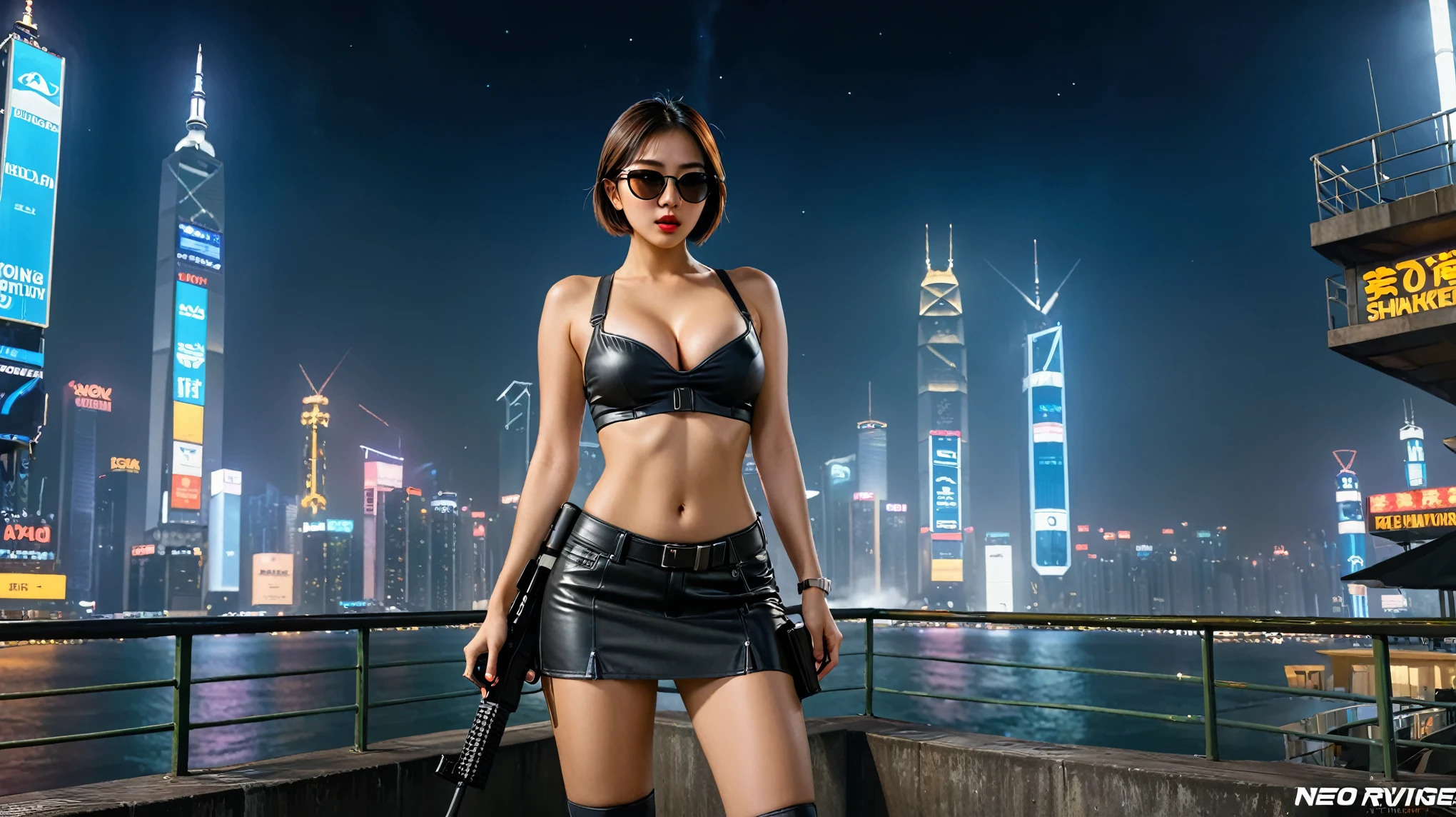 8K, Realistic Skin Texture, Realistic Photo, Neo Hong Kong, (((((1 slim:1.1 western women, solo))))), large-breast:1.4 cleavage:1.3, AD2050 at night, wearing tube top, miniskirt, (((black sunglasses, automatic rifle, sneakers, cold, standing and shooting pose))), (((((((half-body (((thigh level))) medium:1.3 shot))))))), innovative composition, revenge, blurry aerial view of military base, blade runner worldview, large neon sign.
