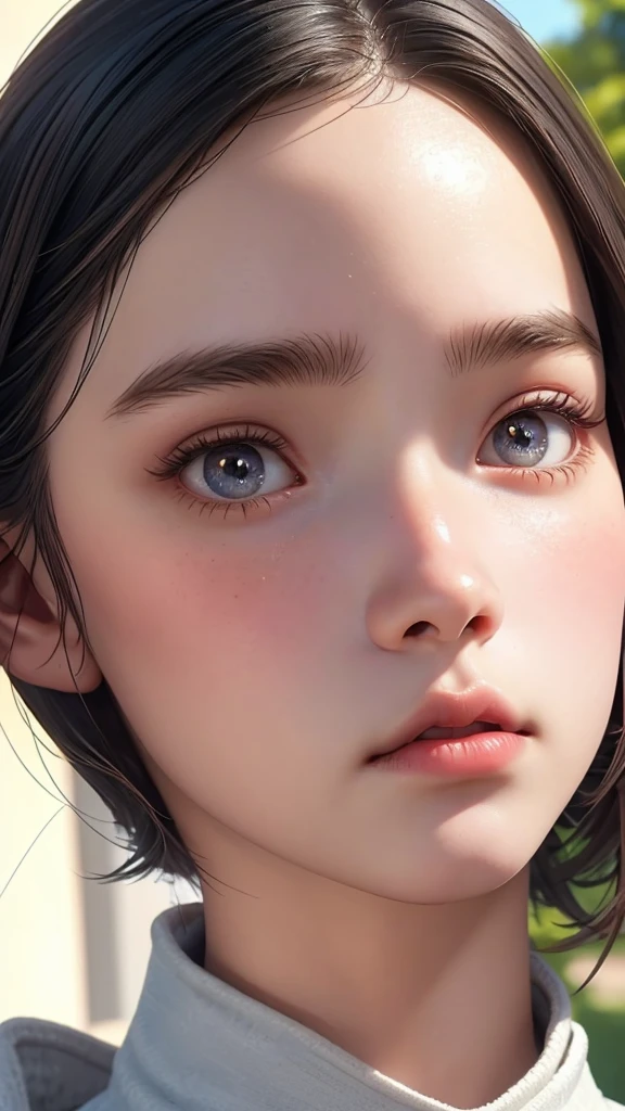 One Girl，(1人のとてもcute女の子:1.3)，masterpiece，Highest quality，High resolution，From below，Low - Angle，Photorealistic，RAW Photos，Ray Tracing，beautiful girl，(:1.3)，cute，Big eyes，(detailed pupils:1.2)，(The face is facing straight ahead:1.3)，Body facing forward，Beautiful nose，High nose，Upturned nose，Fuller lips，Short black hair，ponytail，short hair，Detailed eyelashes，Thin eyebrows，Very fine grain definition，(Symmetrical eyes:1.3)，(Face close-up，Face Focus:1.0)，Small breasts，Short neck，Off the shoulder，Red and white brick building，Western-style building，poplar tree，Portrait，View Viewer，Upper Body，Cinema Lighting，High resolution，Very detailed