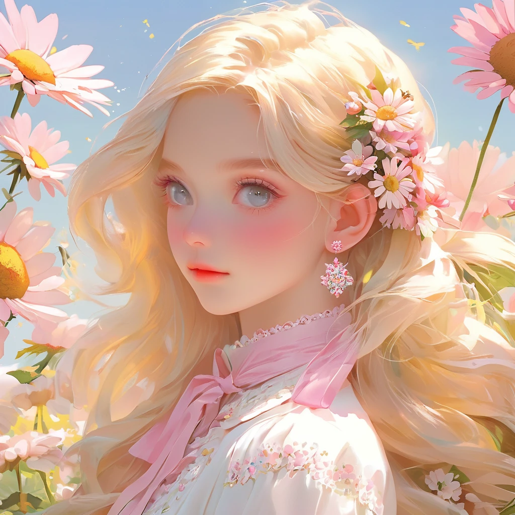 close up face,highest quality,kawaii cute girl, blonde pink long hair, earrings, collar, (highly fashion white clothes), (Delicate hair depiction), (Delicate pink eyes), (delicate features), alone, (small daisies), Portrait depiction, solid color background, broken state