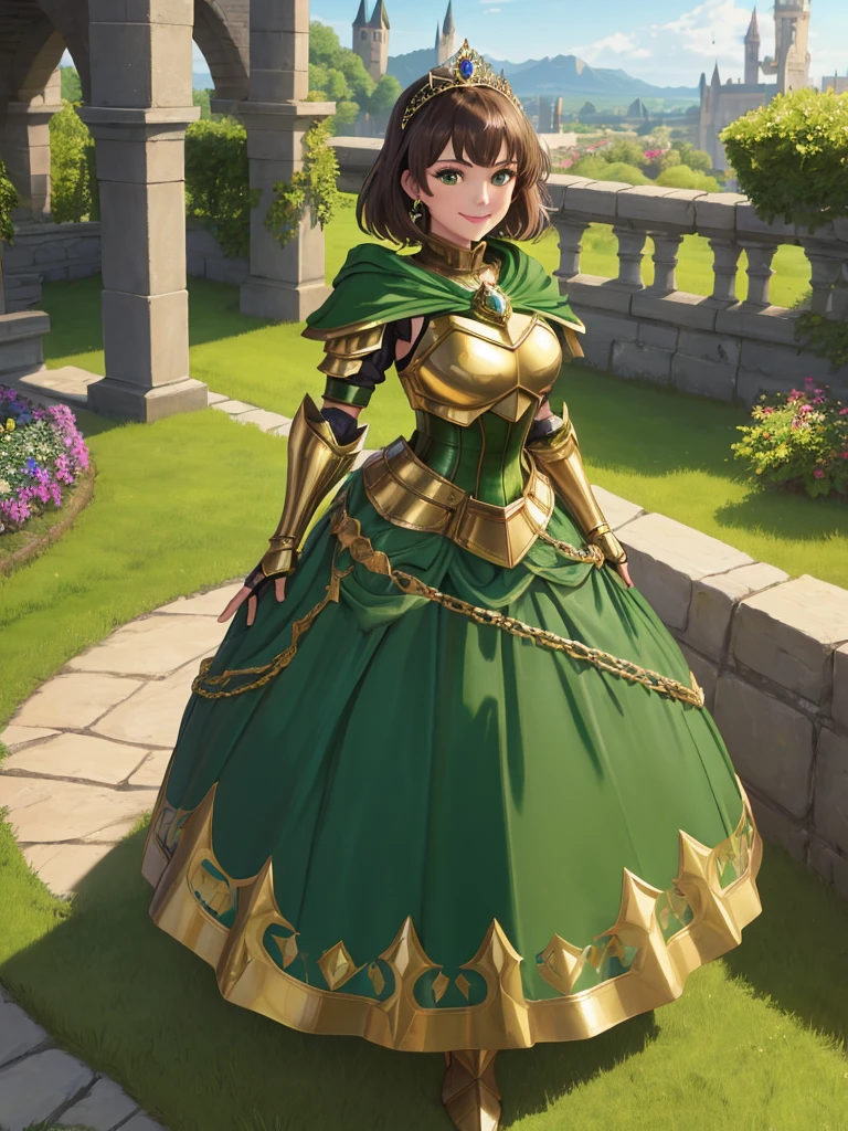 masterpiece, best quality:1.2), 1girl, smile, looking at viewer, green eyes, short brown hair, princess, armor, , pauldrons, armored dress, green cloak cape, wearing puffy blue ballgown skirt, golden tiara with green gem, armored boots, fingerless gloves, standing in medieval garden