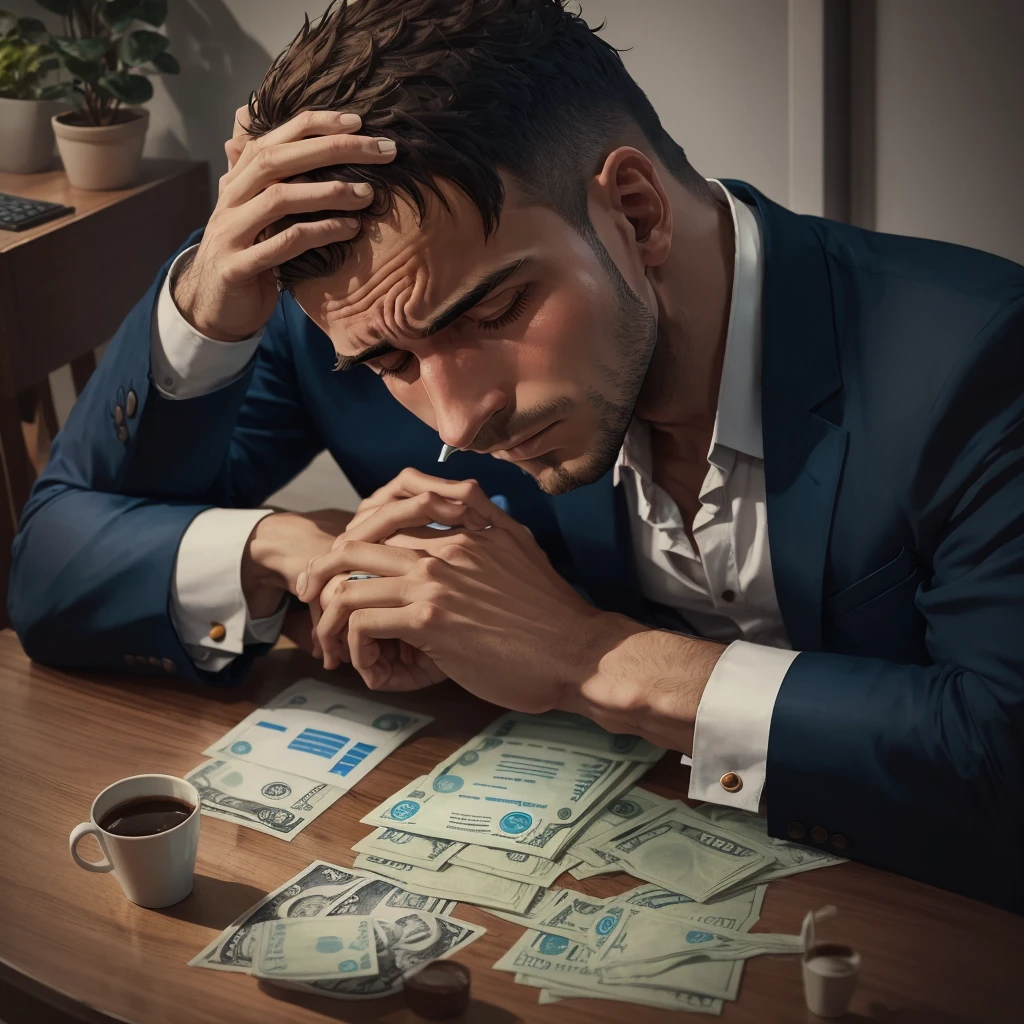 man sitting with his head down desperate with bills to pay
