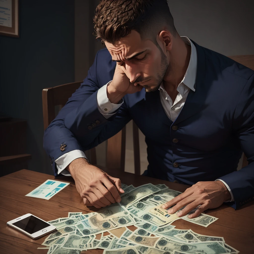 man sitting with his head down desperate with bills to pay