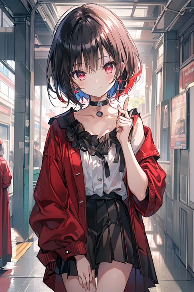 (masterpiece, highest quality, highest quality, (No text), Beautiful and aesthetic:1.2),No text,アニメ、BREAK,One Girl,Black Hair Girl short hair older sister choker Tree Eyes Beautiful eyes Red eyes cool smile Red and Black Black jacket mini skirt whole body In town