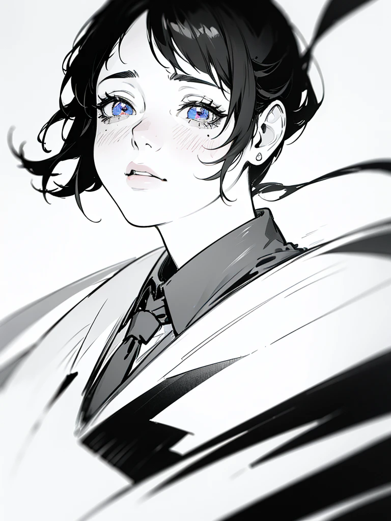 a handsome girl, short dark hair, lacrimal nevus, looking up, black cape, dark circles under eyes, black hair, necktie, black dress, dramatic light and shadow, (best quality,4k,8k,highres,masterpiece:1.2),ultra-detailed,(realistic,photorealistic,photo-realistic:1.37),HDR,UHD,studio lighting,ultra-fine painting,sharp focus,physically-based rendering,extreme detail description,professional,vivid colors,bokeh,portrait