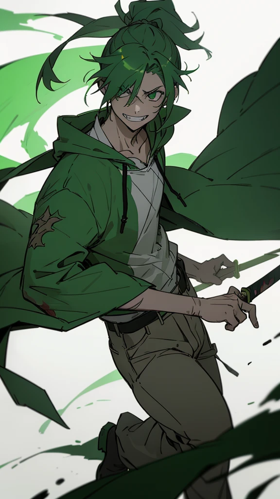 boy, Green hair tied in a ponytail, reflective green eyes, holding a dagger, q shaped dagger, bloodied clothes, battle grin, modern clothing, hoodie, wounded,