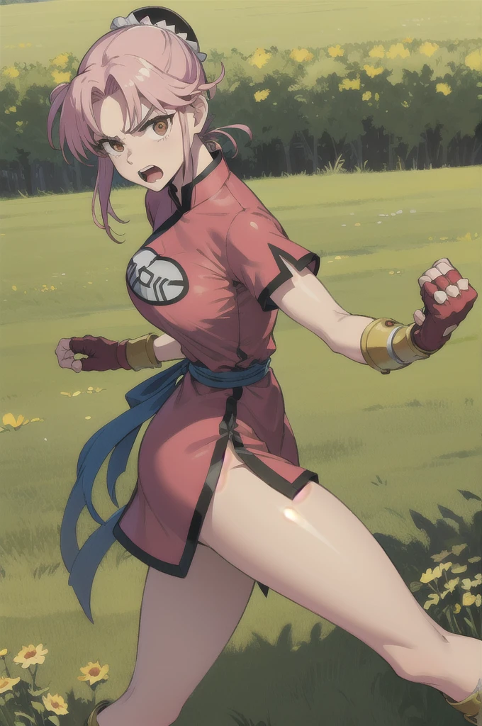 masterpiece, best quality, martialMaam, hair bun, short hair, china dress, short sleeves, sash, fingerless gloves, furrowed brow, open mouth, fighting stance, from side, looking at viewer, big breasts:1.6, blue sky, field, standing on one leg