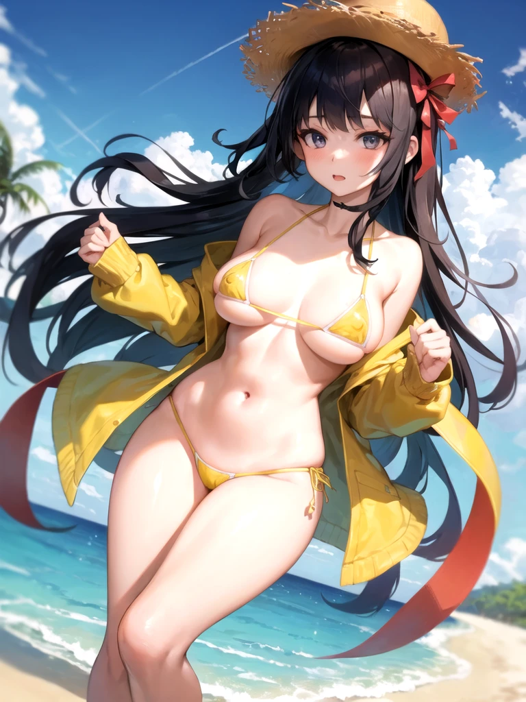 One girl, alone, Highest quality, masterpiece, Beach, Micro Bikini, Nipple slip, Nipples that seem to be visible