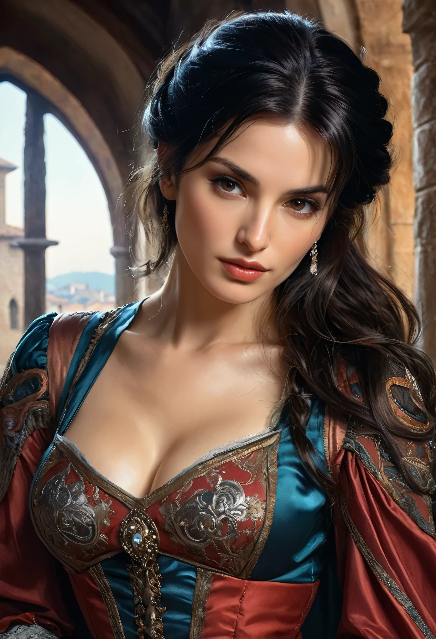 A detailed illustration of dark-haired beautiful Italian girl in a medieval dress, erotic and seductive, hyper detailed moist skin texture, high nose, noble, Soft and bright, HD Art by Greg Hildebrand, Liu Citemar, Sejic Stepan, Sanyang, Aikut Aidgudu, Justin Gerard, Alphonse Mucha, art gelm, WLOP and Greg Rutkowski, (Cindy Crawford:0.5)