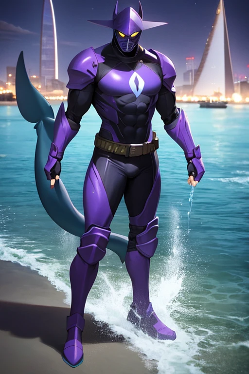 ((best quality)), ((masterpiece)), (detailed), 1 male, full body, 25 years old, masked, purple mask, smooth head, mask covering his mouth, 1 shark fin on his head, diving mask, angry expression, black collar, tall and strong, very athletic, shark fins, grey details, mechanical shark head, shark suit, purple fingerless gloves, purple wristbands, water shooters, shooting water from the wrists, purple suit resembling light armor, purple armor with an emblem, green fly emblem on his chest, green emblem, purple pants, shark tail, blue knee pads, metallic purple boots, black superhero belt, standing on a pier by the sea, night city background, anime, shark armor