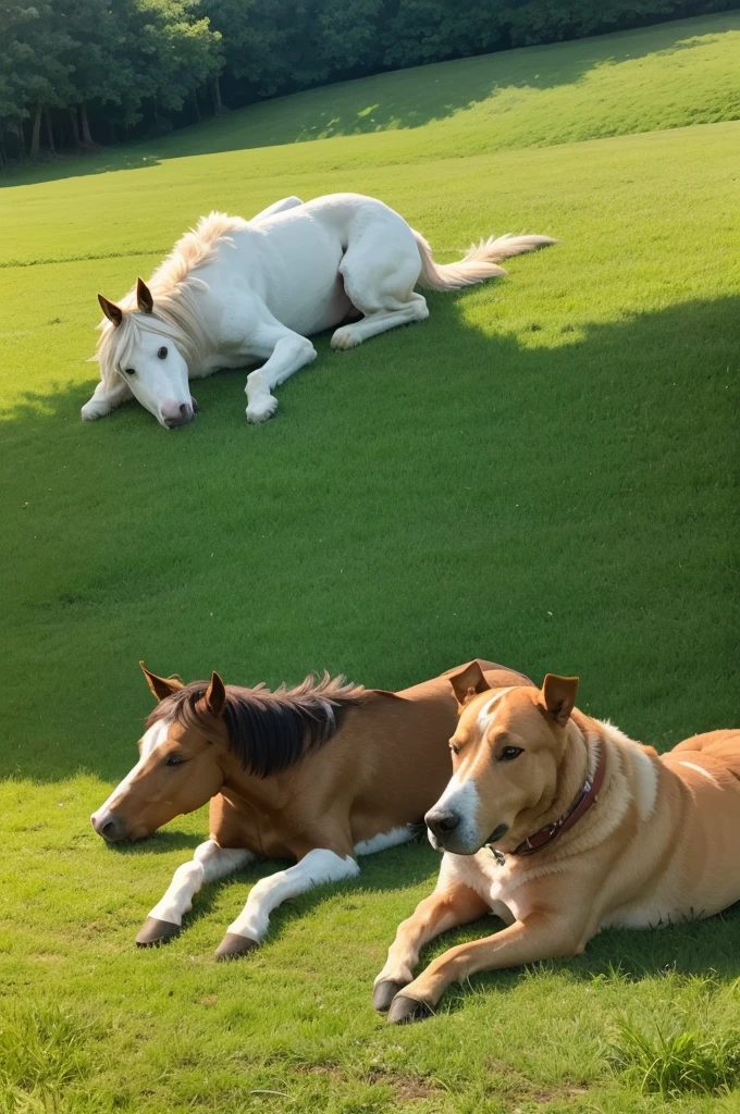 The dog and a horse lying in a beautiful green pasture on a beautiful day.