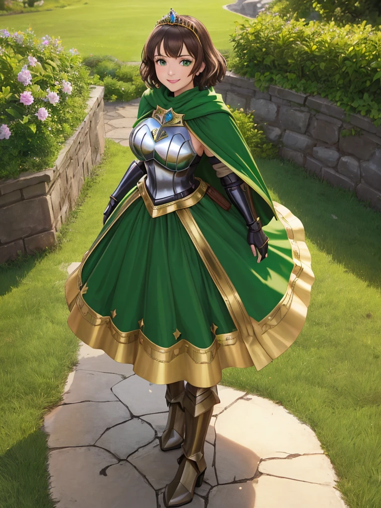 masterpiece, best quality:1.2), 1girl, smile, looking at viewer, green eyes, short brown hair, princess, armor, , pauldrons, armored dress, green cloak cape, wearing puffy blue ballgown skirt, golden tiara with green gem, armored boots, fingerless gloves, standing in medieval garden