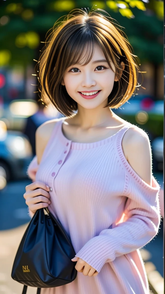 Best Quality, Masterpiece, Beautiful and Aesthetic, 16K, (HDR: 1.4), High Contrast, Bokeh: 1.2, Lens Flare, (Vivid Colors: 1.4),cinematic lighting,depth of field, film lighting, ambient light, side light, exquisite details and textures, cinematic lens, warm tones, (bright and intense: 1.2), wide-angle lens, hyper-realistic, (mideum shot), BREAK 1 girl,Japanese,22 yo,beautifull detailed face,A smile with a little visible teeth,(Slender body:1.5),((Wearing a hoodie)), BREAK pastel tiny tanktop, BREAK (cargo shorts:1.3), ((Have a small handbag)), Beautiful detailed skin,Skin Texture,Floating hair over one eye,((fluffy hairstyle)),Black very short wavy pixie hair,(cleavage),cheerful pose,day,daylight,outdoor,(braless),Glasses,