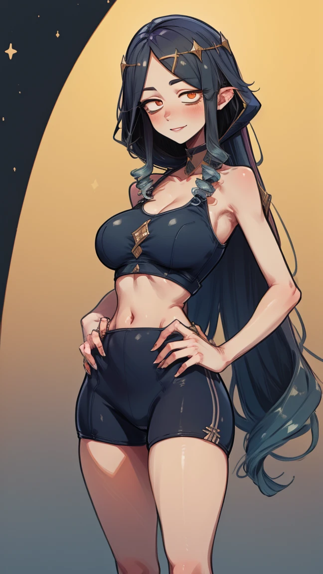 masterpiece, ultra detail, high quality, 8k KG, huge breasts, Leiladef, night, blush, smile, Bright eyes, standing, (Eyes shine:1.5), crossed arms, in croptop and bike shorts