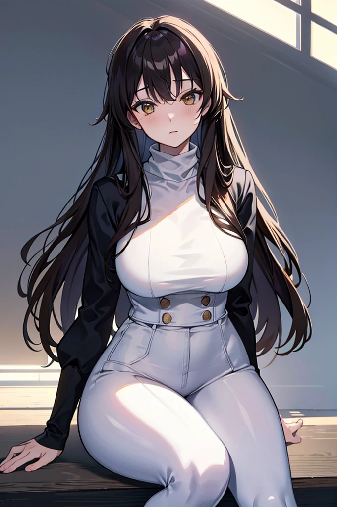 4K, high resolution, Best quality, Masterpiece, perfect colors, perfectly shaded, Perfect lighting, anthro, 1Female, 157 cm tall, Has a and medium hips., brown eyes, long black hair. Honey yellow skin, has a shy and insecure personality. has big, soft cheeks black turtleneck black jeans