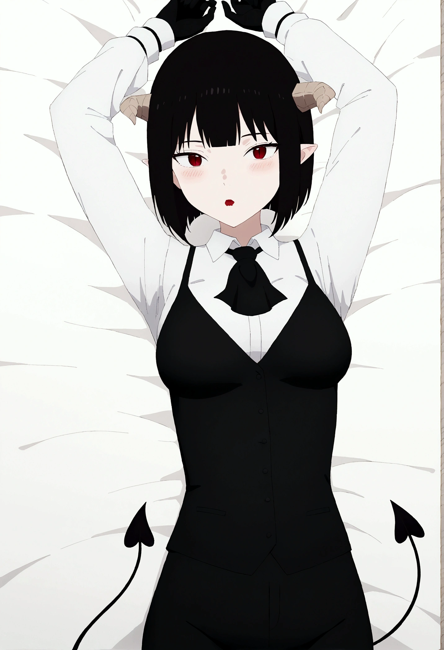 work of art, best qualityer, high resolution, 1girl horns short hair demon tail, white shirt black ascot black gloves black pants black vest lying on your back, sheet, arms up,blushed,face red,beautiful body,body detailed