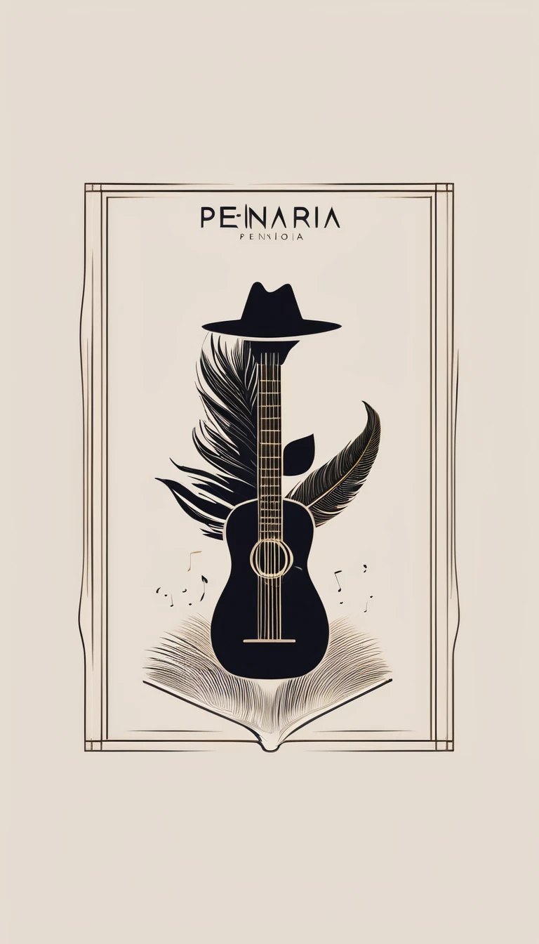 A minimal, modern, simple, cinematic logotype for the brand “Penamemoria". The logotype must be a simple, magical feather and a boy playing acoustic guitar. The logo must convey a sense of music, stories and dreams. Logo design impressed on a book cover. Minimalistic logo