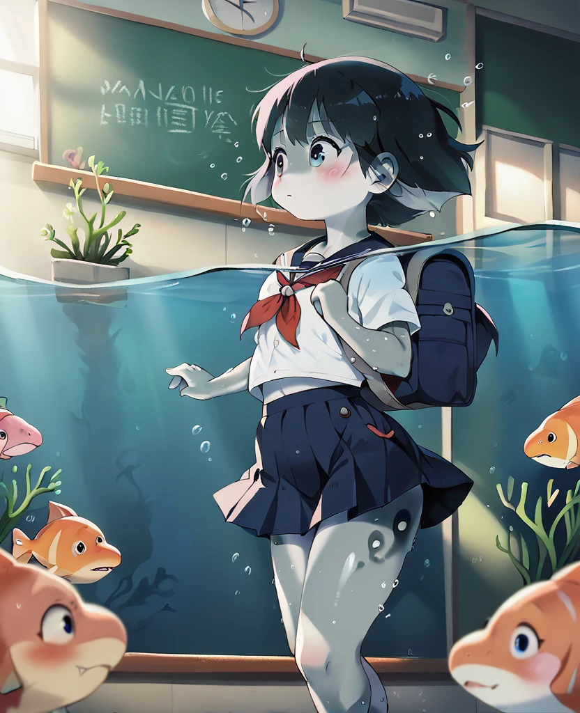 A young female dolphin student in a school uniform, playfully swimming through an underwater classroom (Her sleek gray body and bottlenose visible beneath her clothes，best quality, masterpiece, ultra-detailed, intricate, illustration, detailed lighting, underwater lighting, caustics, motion blur, lens flare, 1 anthropomorphic character, dolphin girl, school uniform, underwater classroom, seaweed decorations, coral reef, fish swimming in background, waterproof books, pencils, backpack, playful expression, sleek gray skin, dorsal fin, flippers, bottlenose, classroom decorations, underwater chalkboard, other sea creature students in background, bubbles, 4k, hyper realistic