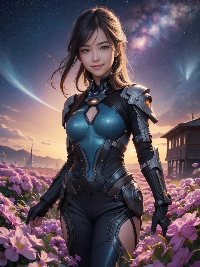 A girl with a happy smile stands alone in a vibrant garden filled with colorful flowers. Her eyes shimmer with beauty and her lips are perfectly detailed. She exudes confidence and joy, shining like a film star amidst the mesmerizing galaxy of stars above. The scene is infused with an astropunk aesthetic, combining futuristic elements with a touch of rebellion. The artwork is created using the medium of fractal art, showcasing intricate patterns and mesmerizing details. The image quality is of the highest standard, with a resolution of 4k or 8k, capturing every nuance and creating a true masterpiece. The level of detail is extraordinary, with ultra-detailed features that bring the artwork to life. The overall style is realistic and photorealistic, capturing the essence of the subject matter. Vivid colors pop against a dark backdrop, creating a stunning visual contrast. The lighting is expertly crafted, with studio lighting techniques adding depth and dimension to the scene.