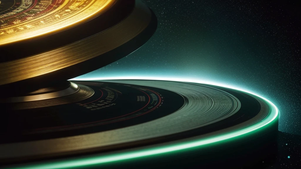 Poster Style,Green frosted background,Vinyl record combined with clock,The record is in the center of the screen.,Front view of the record,Half vinyl record, half clock,Reflecting the sense of time and space,Golden text effect for English title on the right,There is a halo of light around the record similar to a black hole,Extremely high definition picture quality,quality,Real texture,No sense of space