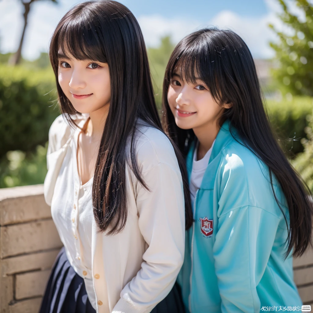 Two beautiful 15 year old Japan schoolgirls crouching, You can see her pink panties