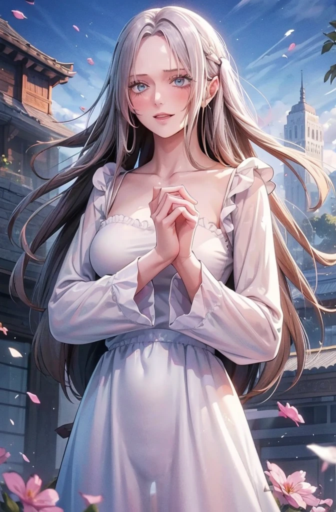 Masterpiece, Superb Piece, Daytime, Outdoor, Falling Flowers, White Dress, 1 Girl, Perfect Woman, Silver and White Long Haired Woman, Gray Blue Eyes, Pale Pink Lips, Cold, Serious, Bang, Purple Eyes, White Clothes, Black Clothing Lines, Delicate Face, Exquisite Face, Standing Bow, Tassels, Happiness Knot, Smile