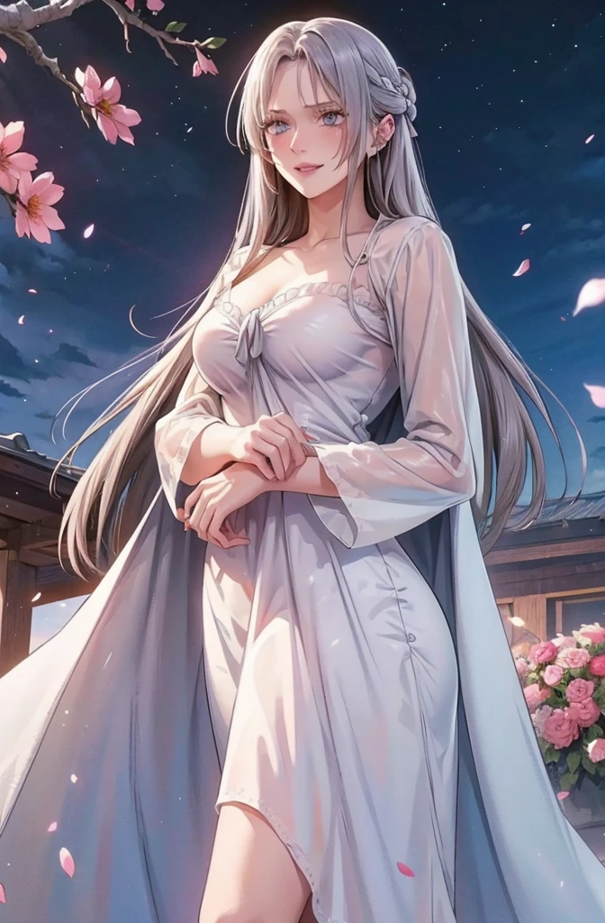 Masterpiece, Superb Piece, Daytime, Outdoor, Falling Flowers, White Dress, 1 Girl, Perfect Woman, Silver and White Long Haired Woman, Gray Blue Eyes, Pale Pink Lips, Cold, Serious, Bang, Purple Eyes, White Clothes, Black Clothing Lines, Delicate Face, Exquisite Face, Standing Bow, Tassels, Happiness Knot, Smile