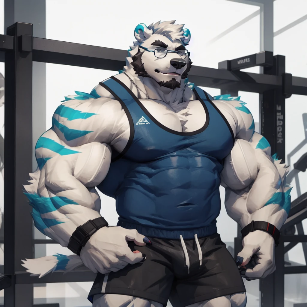 solo, 1boy, Huge Muscular White Polar Bear wearing glasses, huge white fur, pectoral, huge pectoral, wide pectoral, short white hair, blue colored gym short pants, blue colored wristbands and blue colored tank top, white bearded, white Mustache, white fur, simple background, masterpiece, high detailed, 8k, high resolution, at the gym, flexes huge muscles