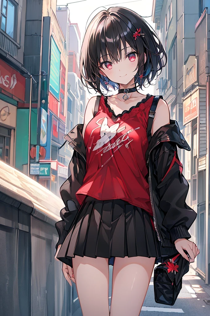 (masterpiece, highest quality, highest quality, (No text), Beautiful and aesthetic:1.2),No text,アニメ、BREAK,One Girl，Black Hair Girl　short hair　older sister　choker　Tree Eyes　Beautiful eyes　Red eyes　cool　smile　Red and Black　Black jacket　mini skirt　whole body　In town
