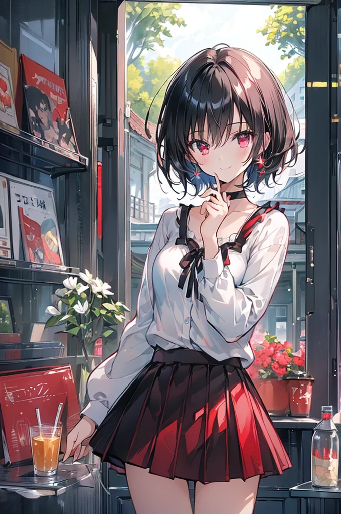 (masterpiece, highest quality, highest quality, (No text), Beautiful and aesthetic:1.2),No text,アニメ、BREAK,One Girl，Black Hair Girl　short hair　older sister　choker　Tree Eyes　Beautiful eyes　Red eyes　cool　smile　Red and Black　Black jacket　mini skirt　whole body　In town
