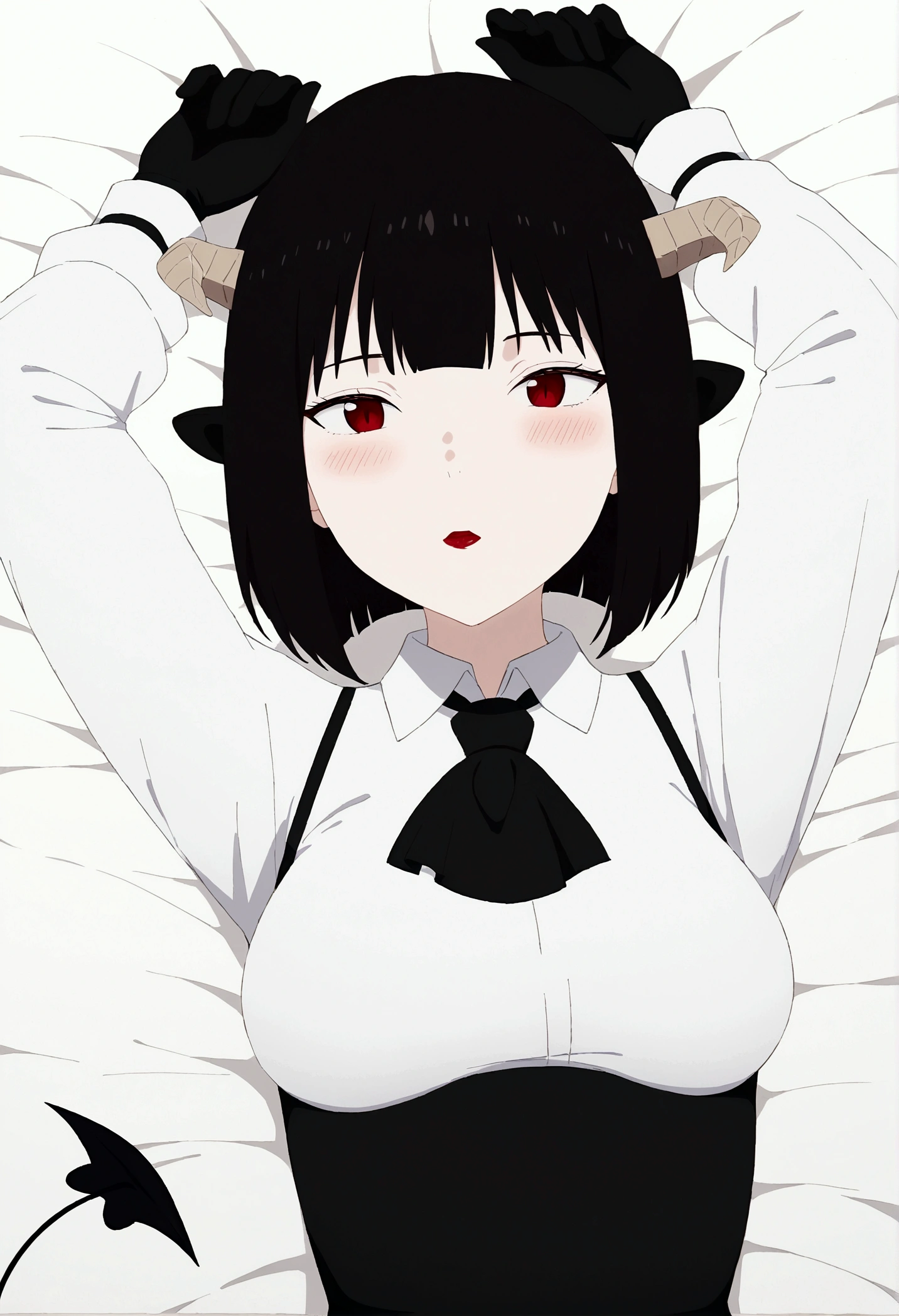 work of art, best qualityer, high resolution, 1girl horns short hair demon tail, white shirt black ascot black gloves black pants black vest lying on your back, sheet, arms up,blushed,face red,skin-tight outfit
