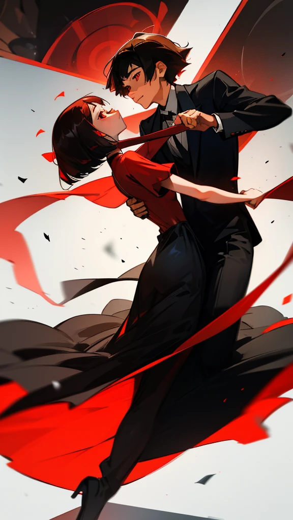 Medium Bob cut hairstyle, dark red hair, red eyes, Wearing a women 's dress, 16 years. , zoom out. are dancing with. with man 24 years elegant black suit, black hair, red eye.