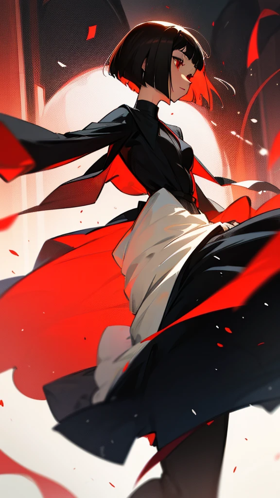 Medium Bob cut hairstyle, dark red hair, red eyes, Wearing a women loli's dress, 16 years. , zoom out. are dancing with. with man 24 years elegant black suit, black hair, red eye.