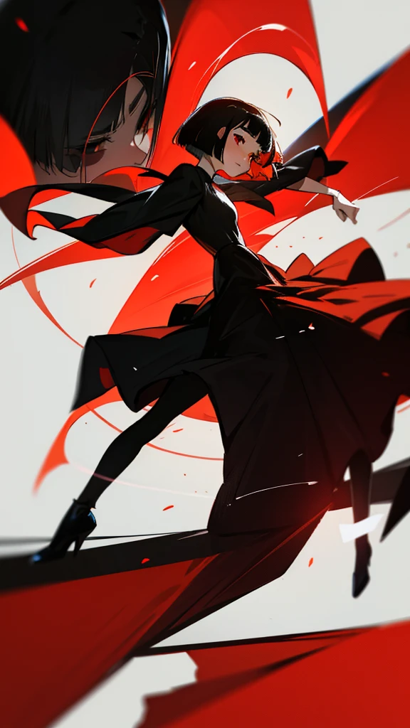 Medium Bob cut hairstyle, dark red hair, red eyes, Wearing a women loli's dress, 16 years. , zoom out. are dancing with. with man 24 years elegant black suit, black hair, red eye.