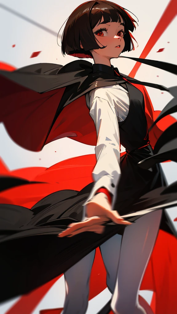 Medium Bob cut hairstyle, dark red hair, red eyes, Wearing a women 's dress, 16 years. , zoom out. are dancing with. with man 24 years elegant black suit, black hair, red eye.