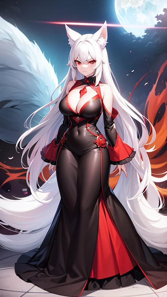 An adult woman, half kitsune, white hair, red eyes, wide breasts, very angry, standing, in a black dress