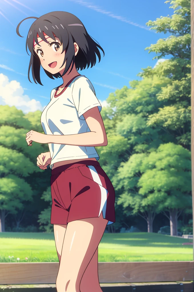 shinkai makoto, kimi no na wa., 1girl, bangs, black hair, blush, bright eyes, brown eyes, looking at the viewer, red headband, casual clothes, white t-shirt, black shorts, short hair, medium breasts, solo, day, outdoors, shinny skin, smile, happy, :D, blue_sky, sunlight, summer_season, scenery park, jogging, wind, tree
