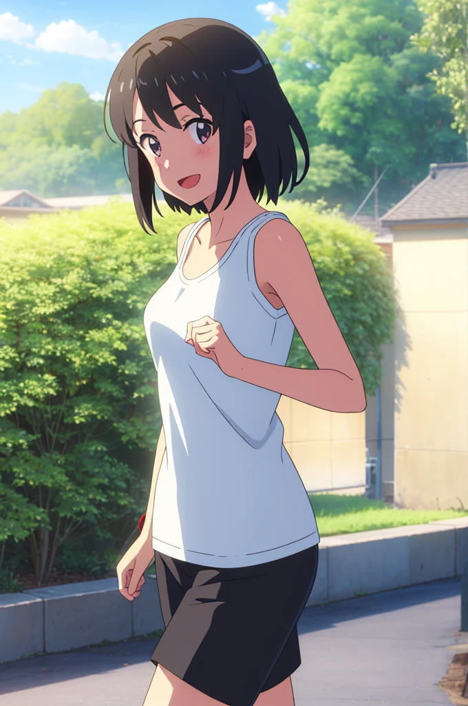 shinkai makoto, kimi no na wa., 1girl, bangs, black hair, blush, bright eyes, brown eyes, looking at the viewer, red headband, casual clothes, white t-shirt, black shorts, short hair, medium breasts, solo, day, outdoors, shinny skin, smile, happy, :D, blue_sky, sunlight, summer_season, scenery park, jogging, wind, tree